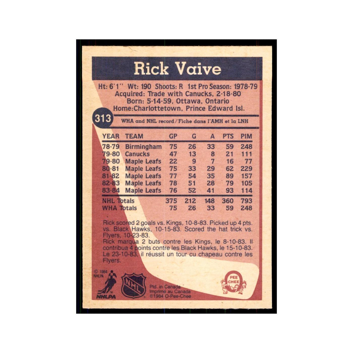 1984 O-Pee-Chee Rick Vaive Toronto Maple Leafs #313
