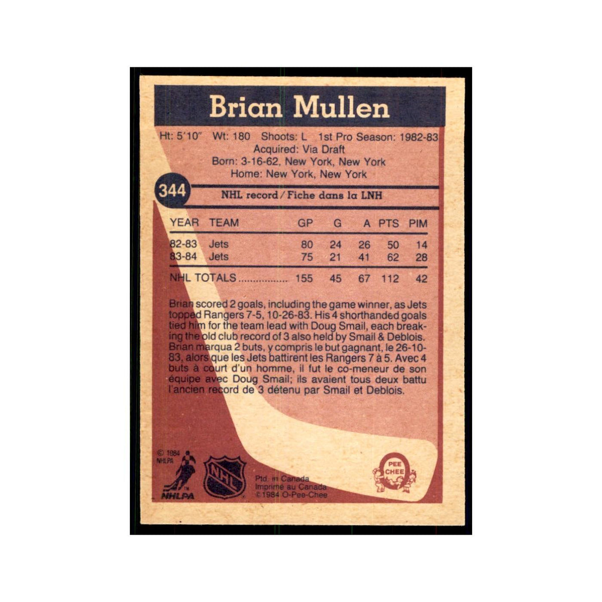1984 O-Pee-Chee Brian Mullen Winnipeg Jets #344