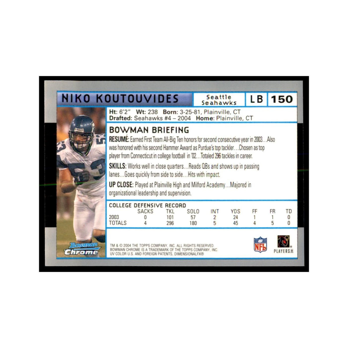 2004 Bowman Chrome Niko Koutouvides RC Football Cards #150