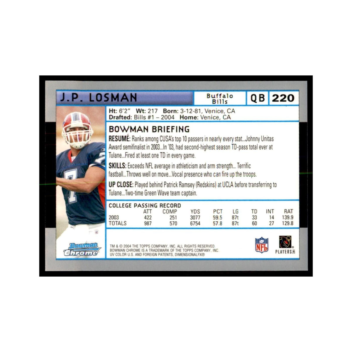 2004 Bowman Chrome J.P. Losman RC Football Cards #220