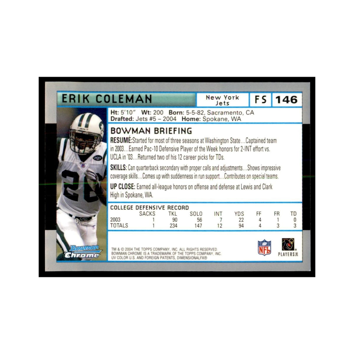 2004 Bowman Chrome Erik Coleman RC Football Cards #146