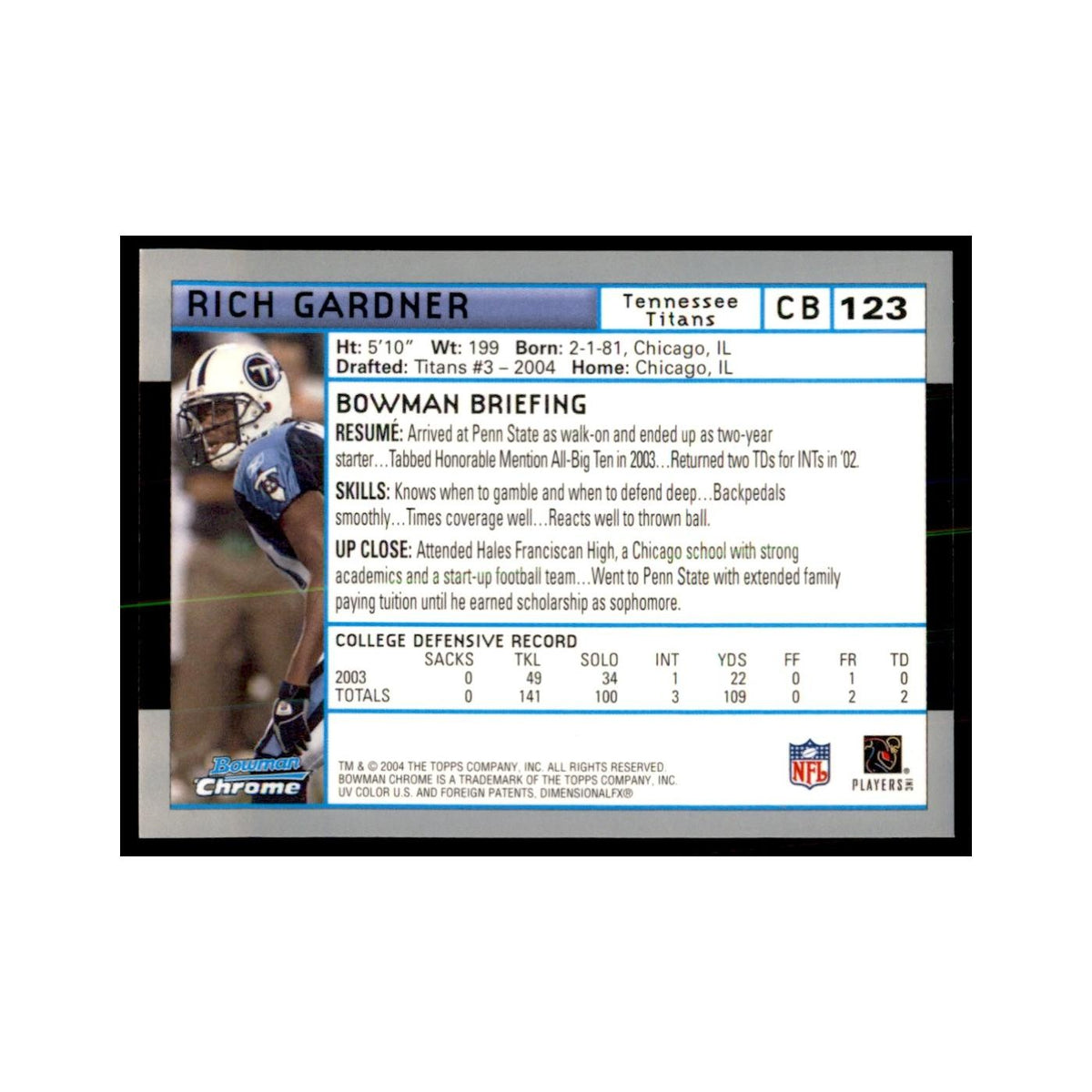 2004 Bowman Chrome Rich Gardner RC Football Cards #123