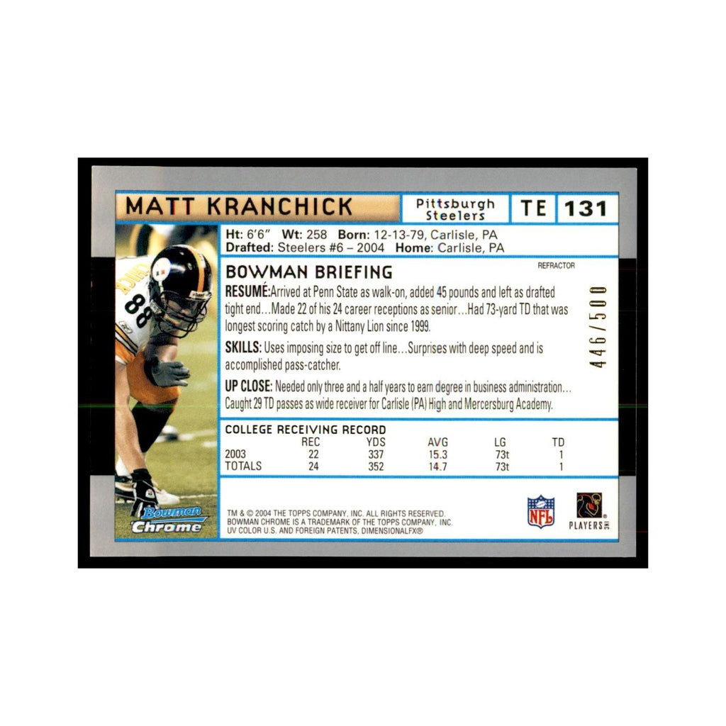 2004 Bowman Chrome Refractors Matt Kranchick RC 446/500 Football Cards #131