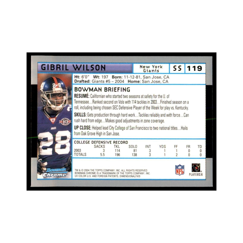 2004 Bowman Chrome Gibril Wilson RC Football Cards #119