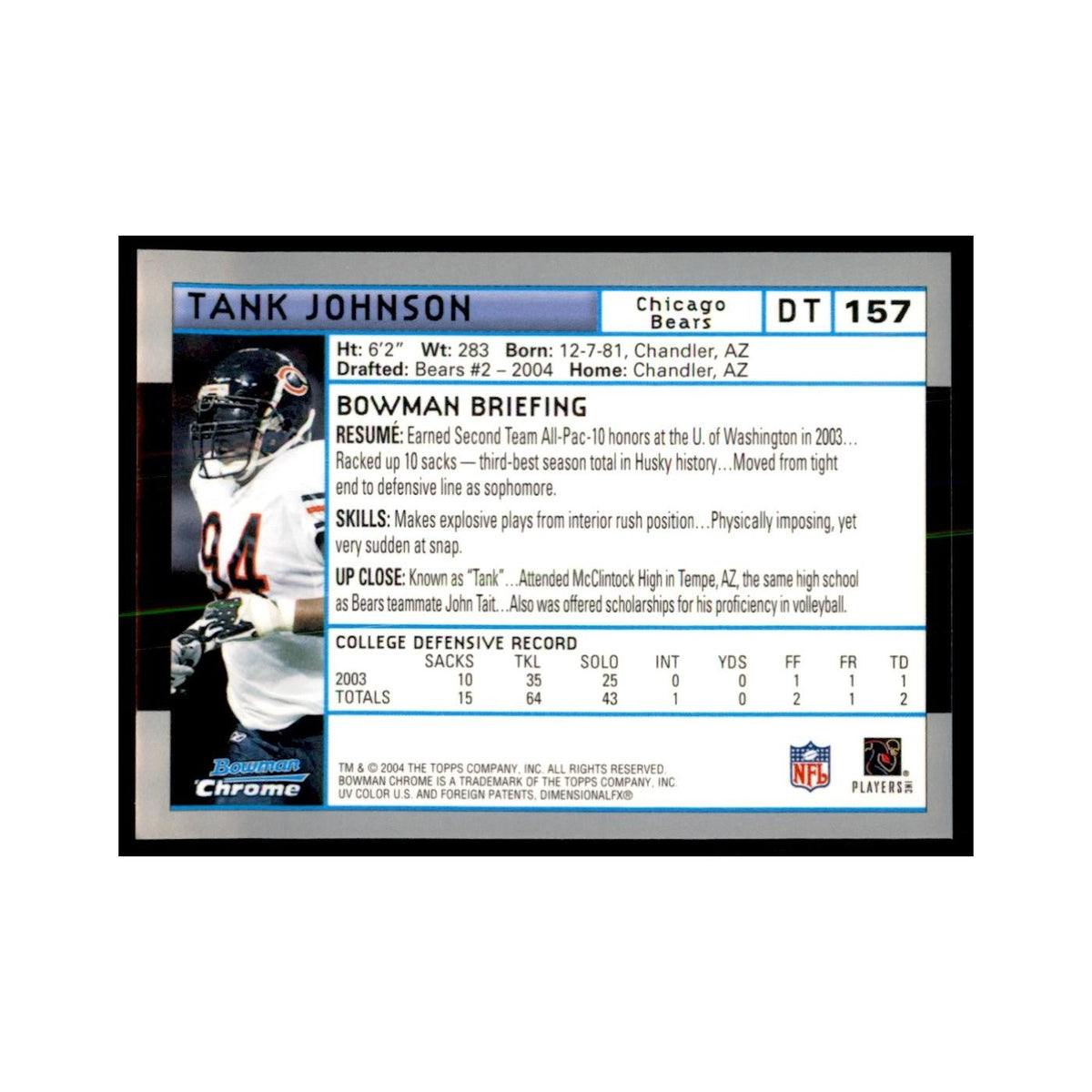 2004 Bowman Chrome Tank Johnson RC Football Cards #157