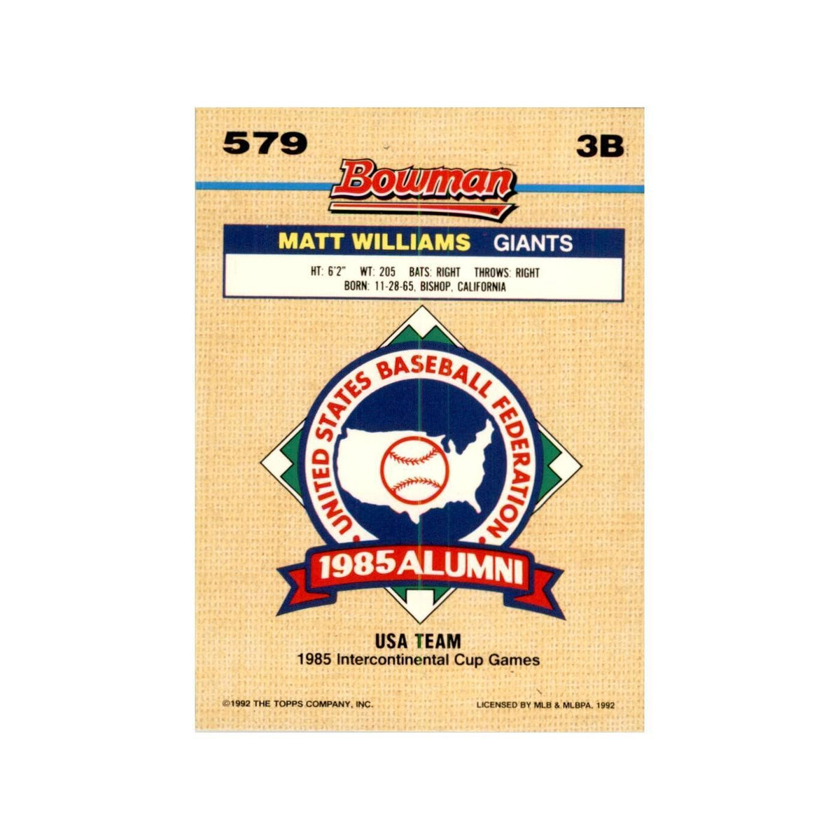 1992 Bowman Matt Williams Baseball Cards #579