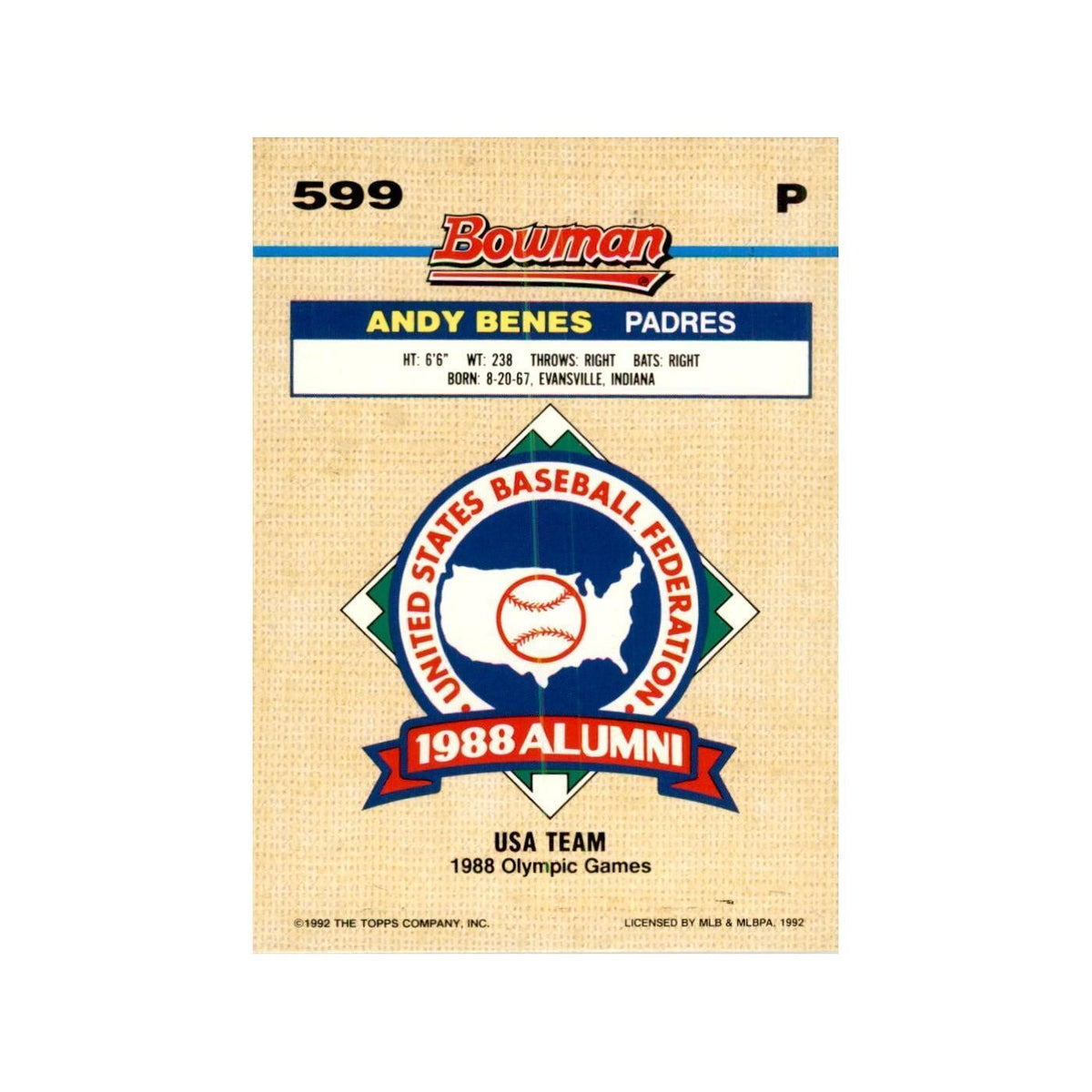 1992 Bowman Andy Benes Baseball Cards #599