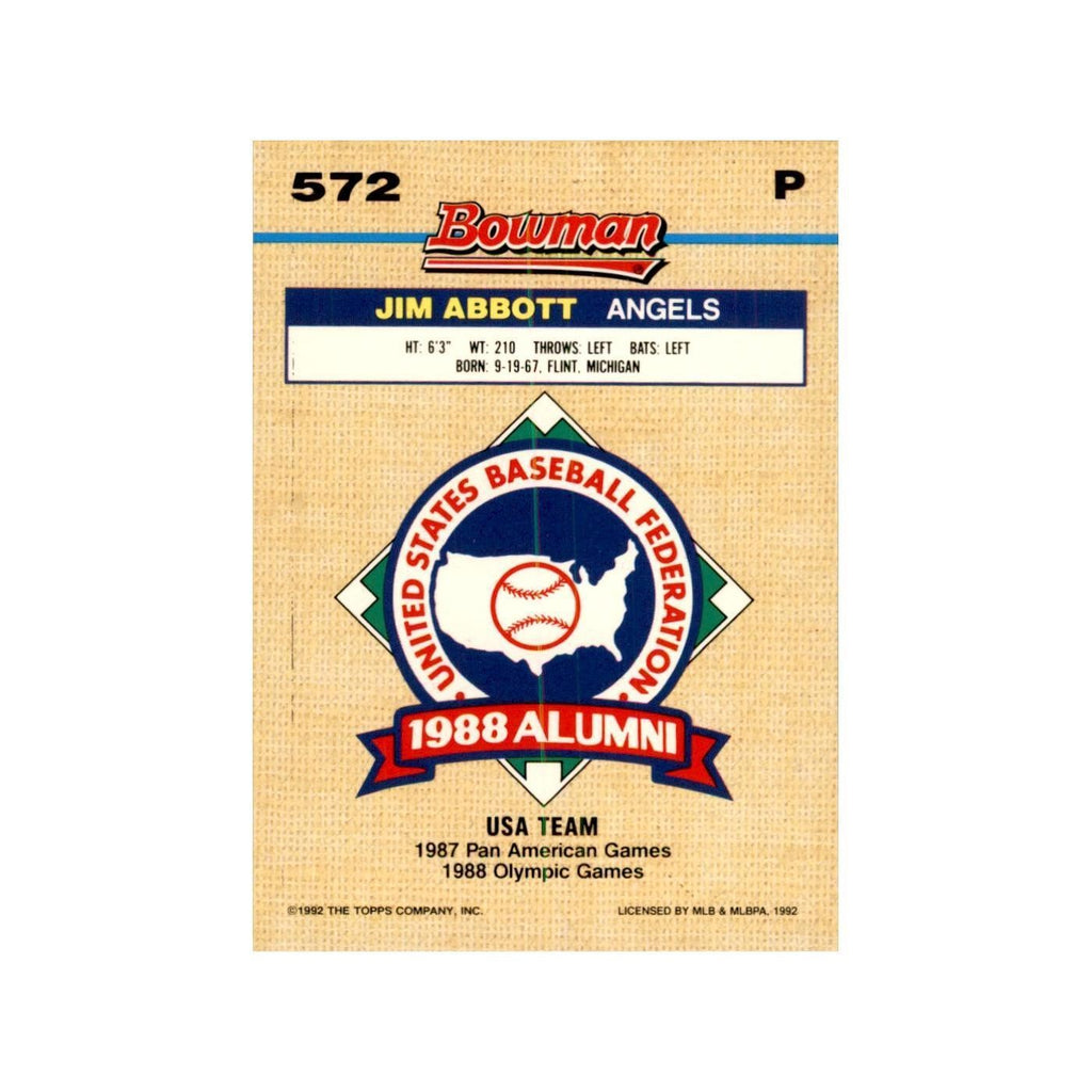 1992 Bowman Jim Abbott Baseball Cards #572