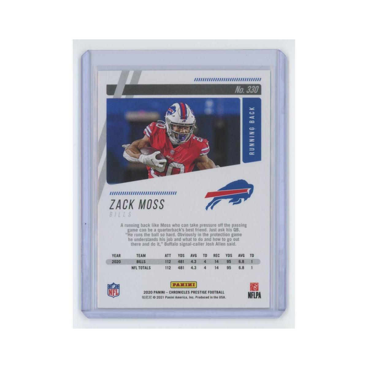 Zack Moss Rookie 2020 Panini Chronicles Prestige #330 Buffalo Bills NM