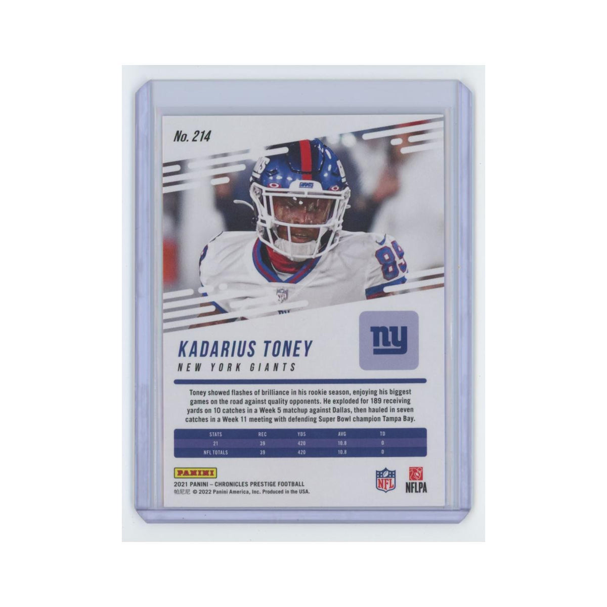 Kadarius Toney Rookie 2021 Panini Chronicles Prestige #214 New York Giants NM