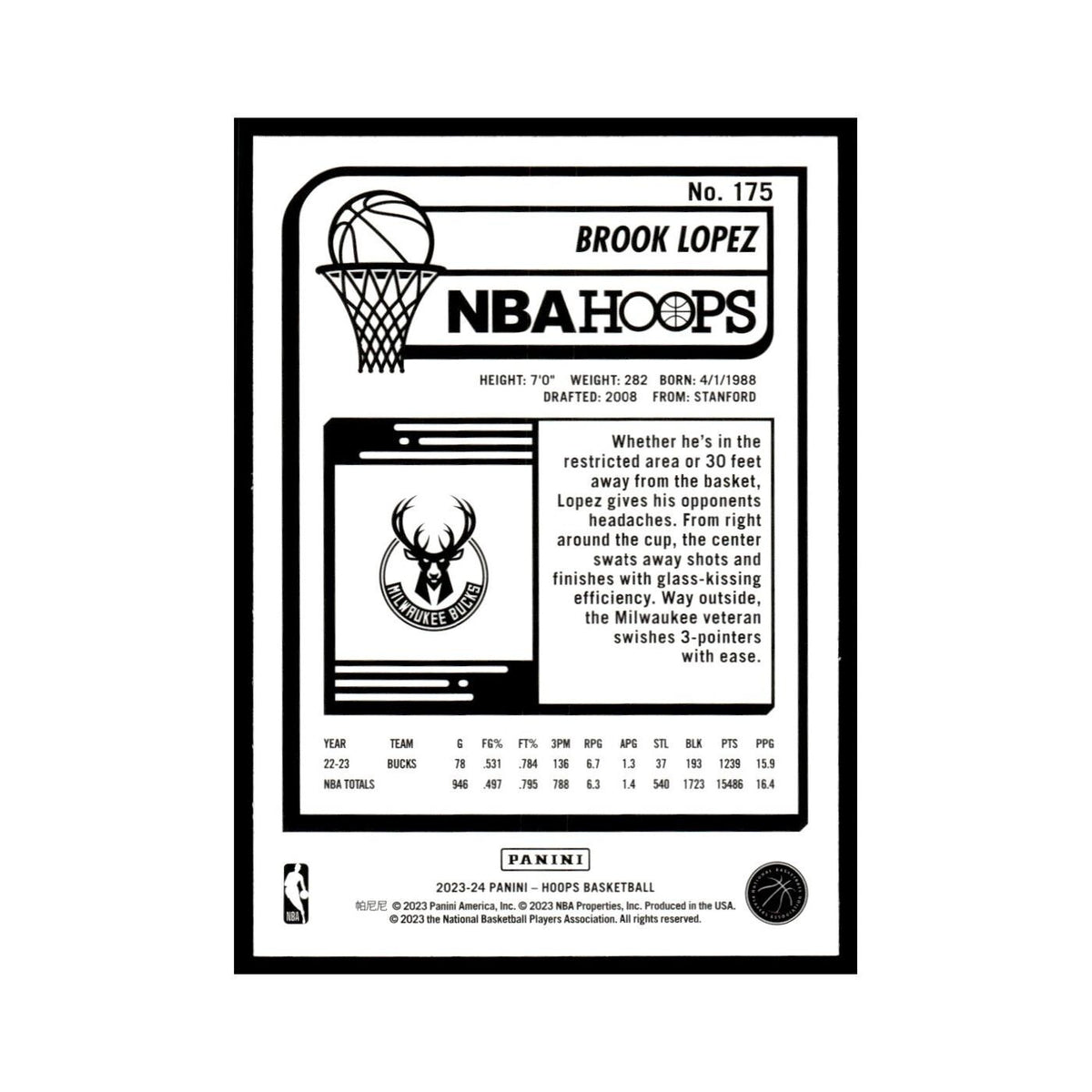 Brook Lopez 2023 NBA Hoops #175 Milwaukee Bucks Basketball Card NM