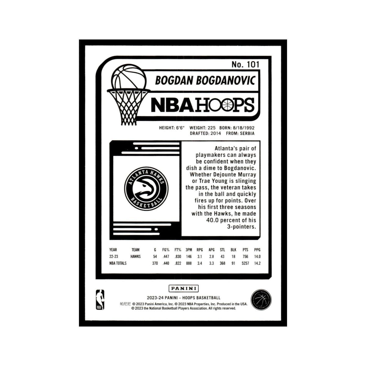 Bogdan Bogdanovic 2023 NBA Hoops #101 Atlanta Hawks Basketball Card NM