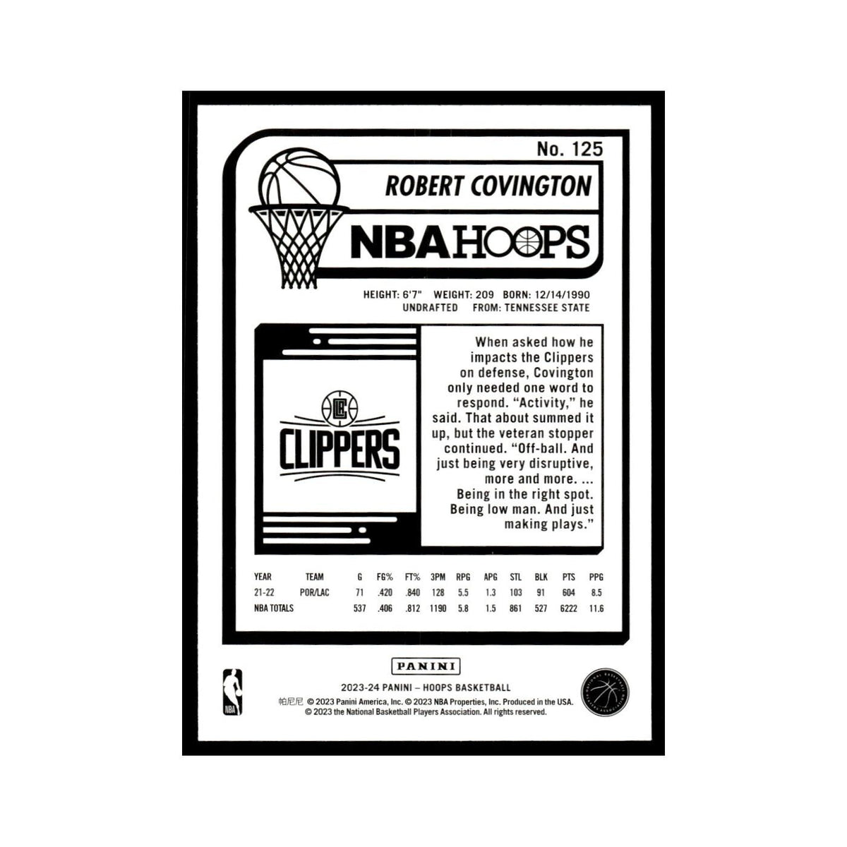 Robert Covington 2023 NBA Hoops #125 Los Angeles Clippers Basketball Card NM