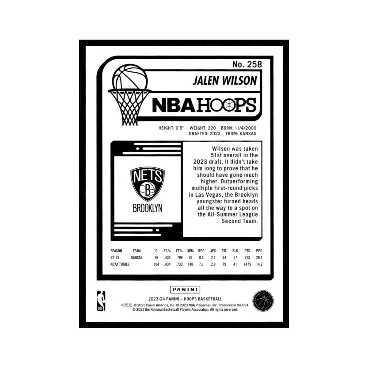 Jalen Wilson Rookie 2023 NBA Hoops #258 Brooklyn Nets Basketball Card NM