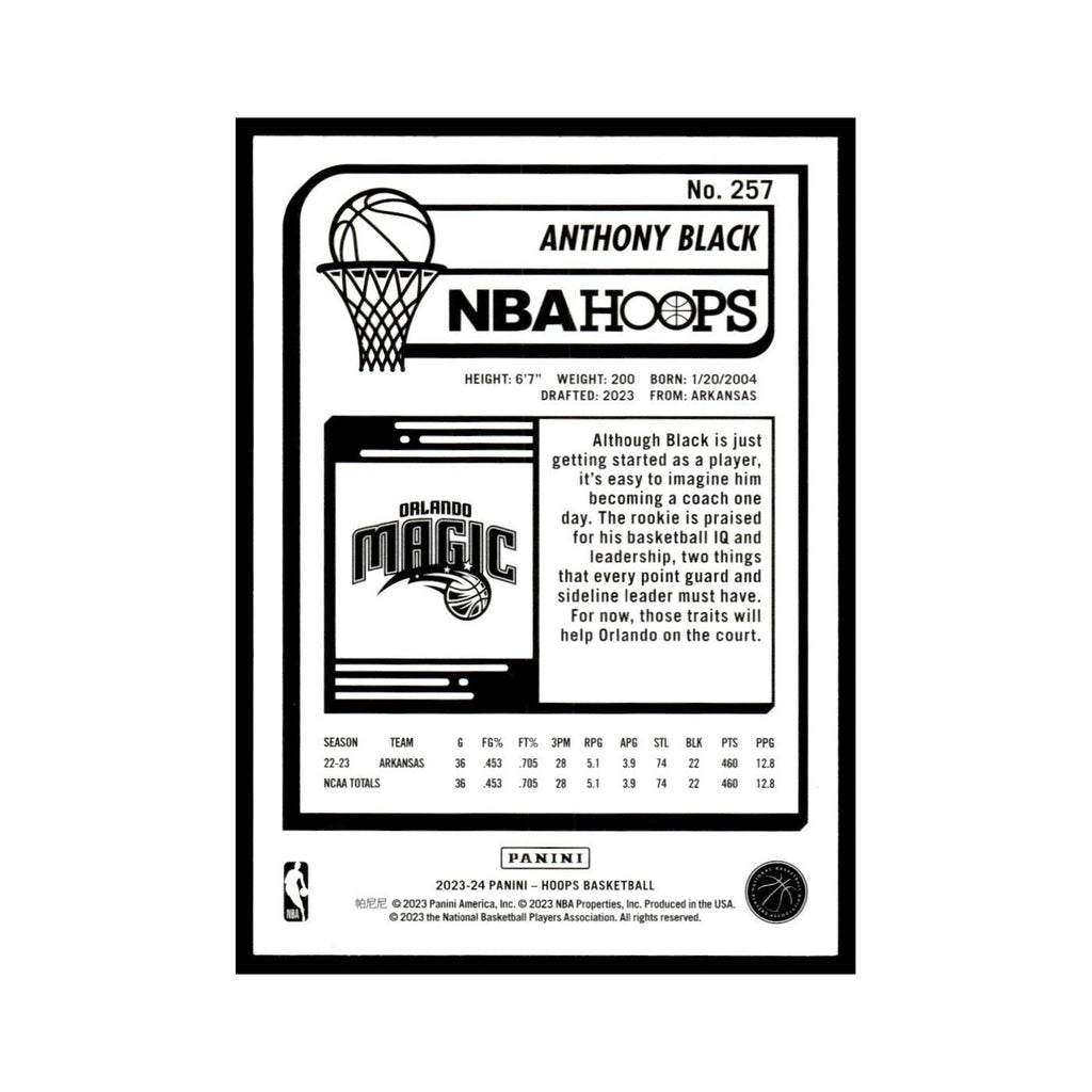 Anthony Black Rookie 2023 NBA Hoops #257 Orlando Magic Basketball Card NM