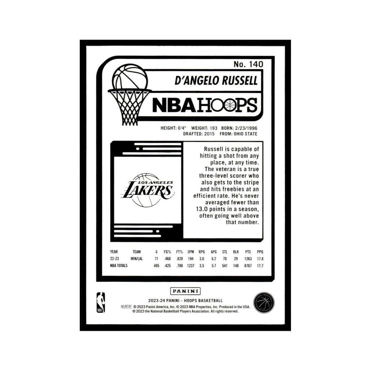 D'Angelo Russell 2023 NBA Hoops #140 Los Angeles Lakers Basketball Card NM