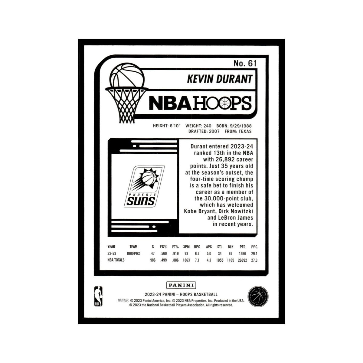 Kevin Durant 2023 NBA Hoops #61 Phoenix Suns Basketball Card NM