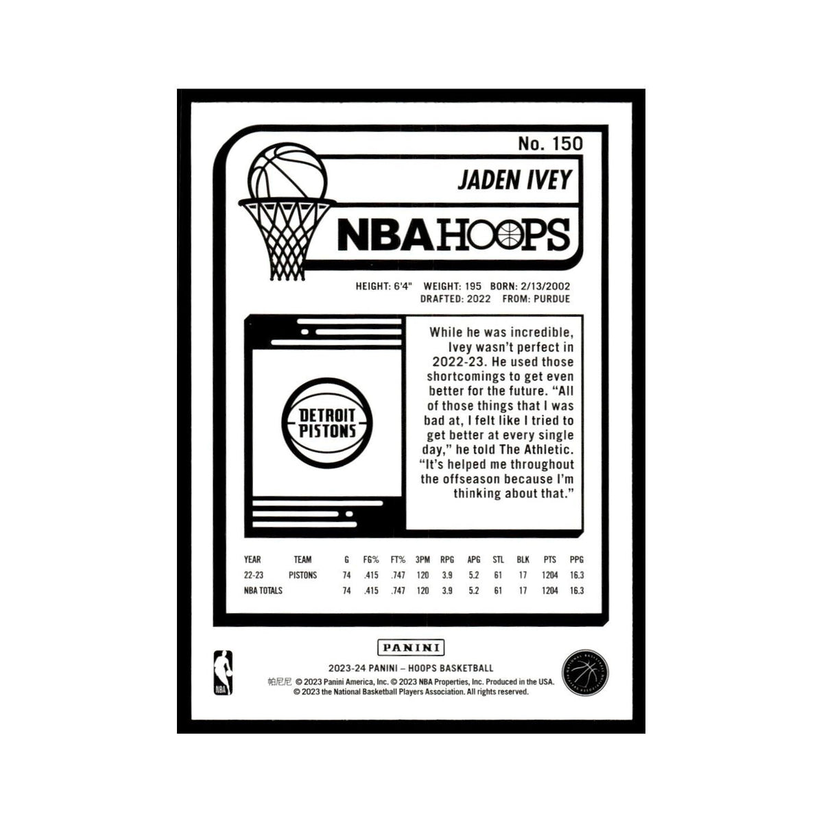 Jaden Ivey 2023 NBA Hoops #150 Detroit Pistons Basketball Card NM