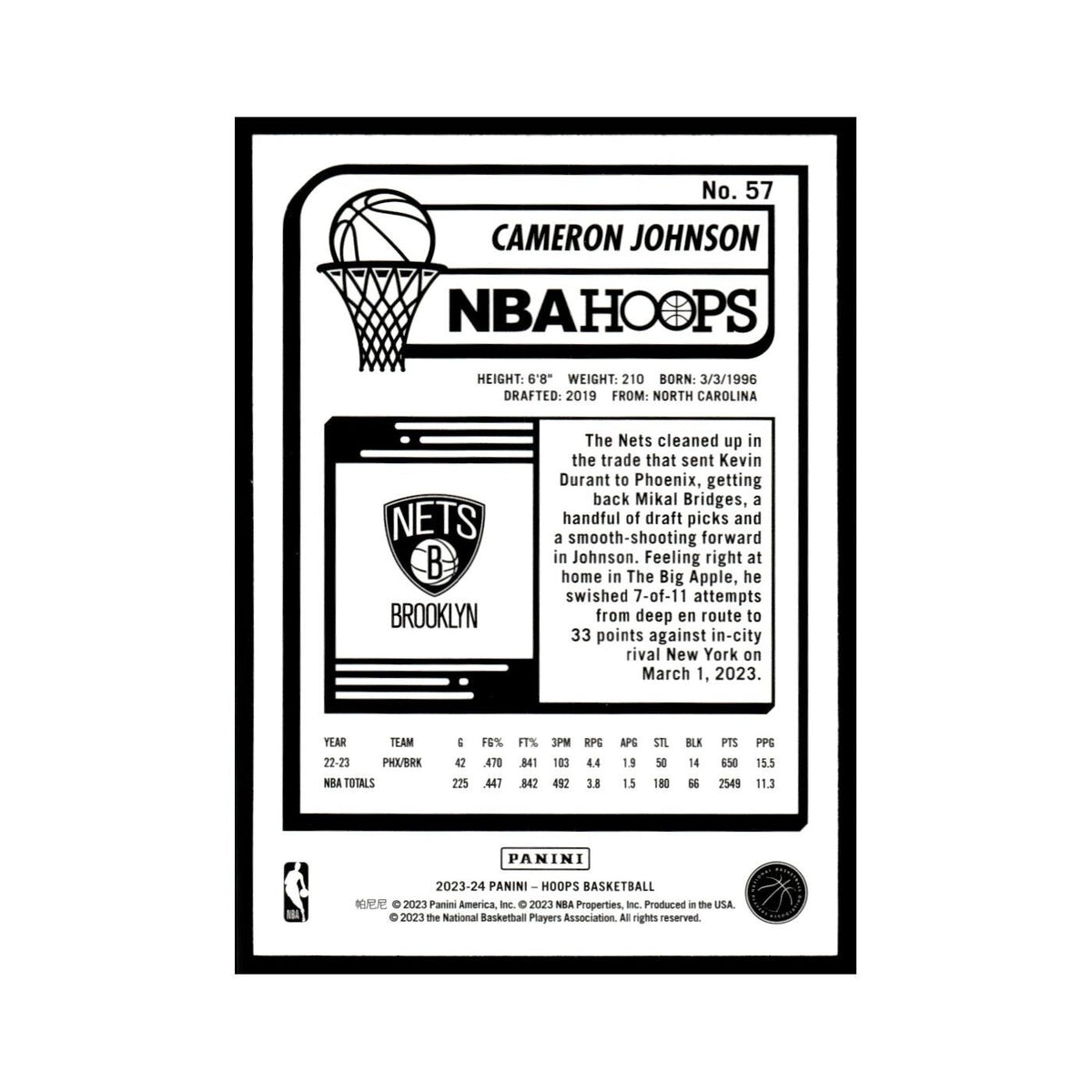 Cameron Johnson 2023 NBA Hoops #57 Brooklyn Nets Basketball Card NM