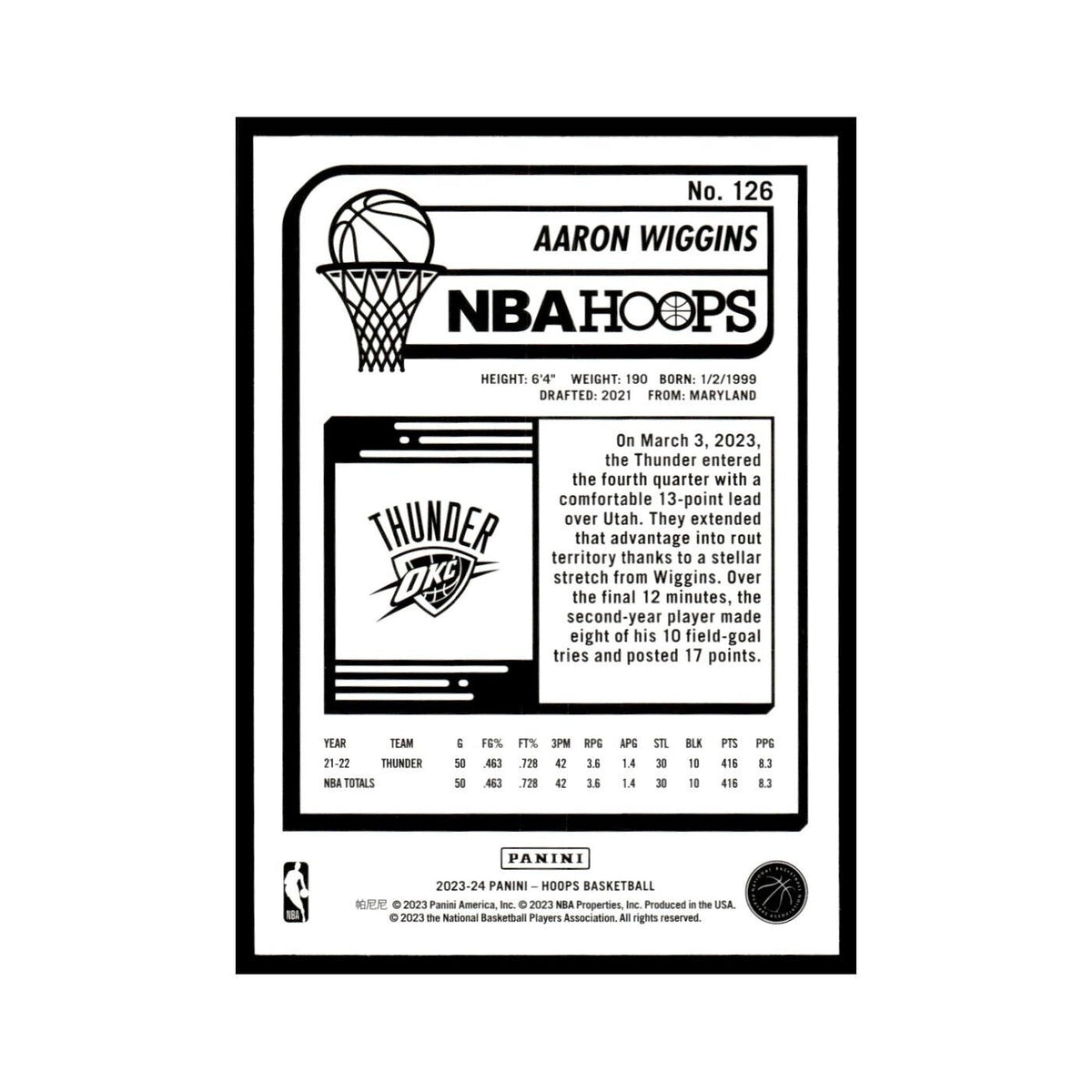 Aaron Wiggins 2023 NBA Hoops #126 Oklahoma City Thunder Basketball Card NM