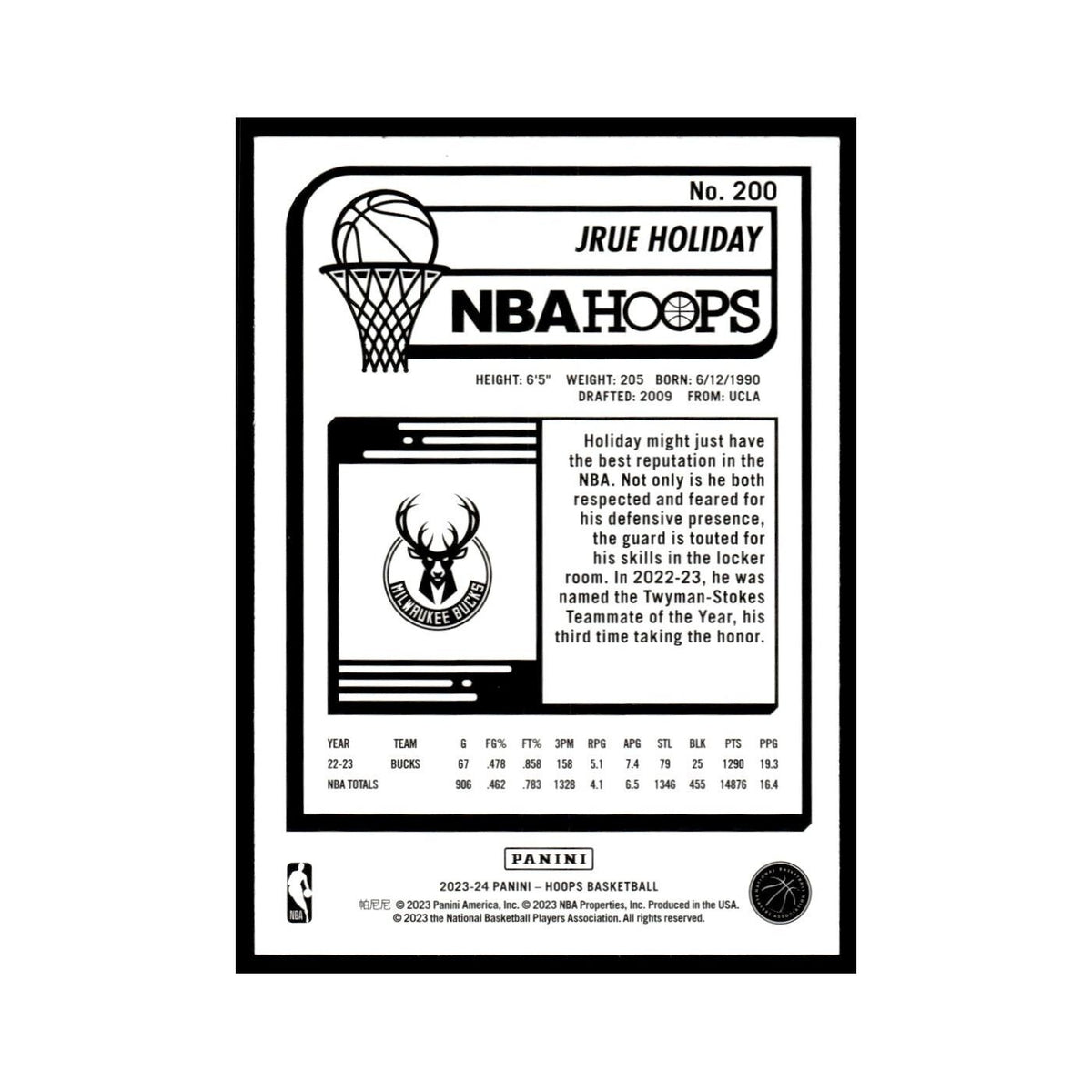 Jrue Holiday 2023 NBA Hoops #200 Milwaukee Bucks Basketball Card NM