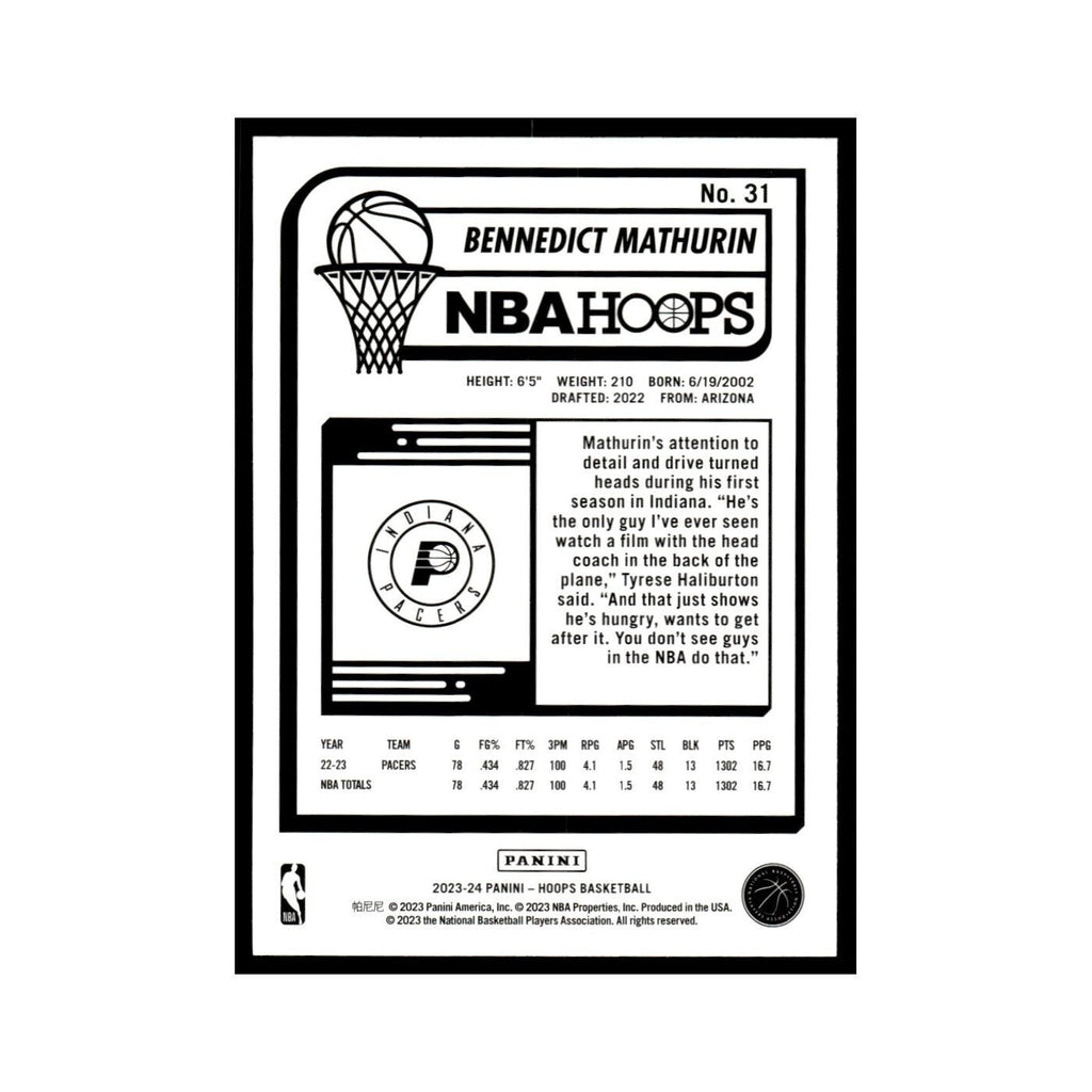 Bennedict Mathurin 2023 NBA Hoops #31 Indiana Pacers Basketball Card NM