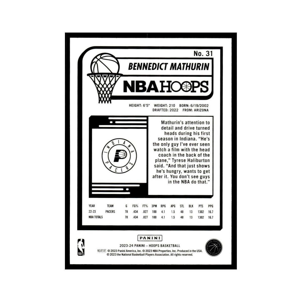 Bennedict Mathurin 2023 NBA Hoops #31 Indiana Pacers Basketball Card NM