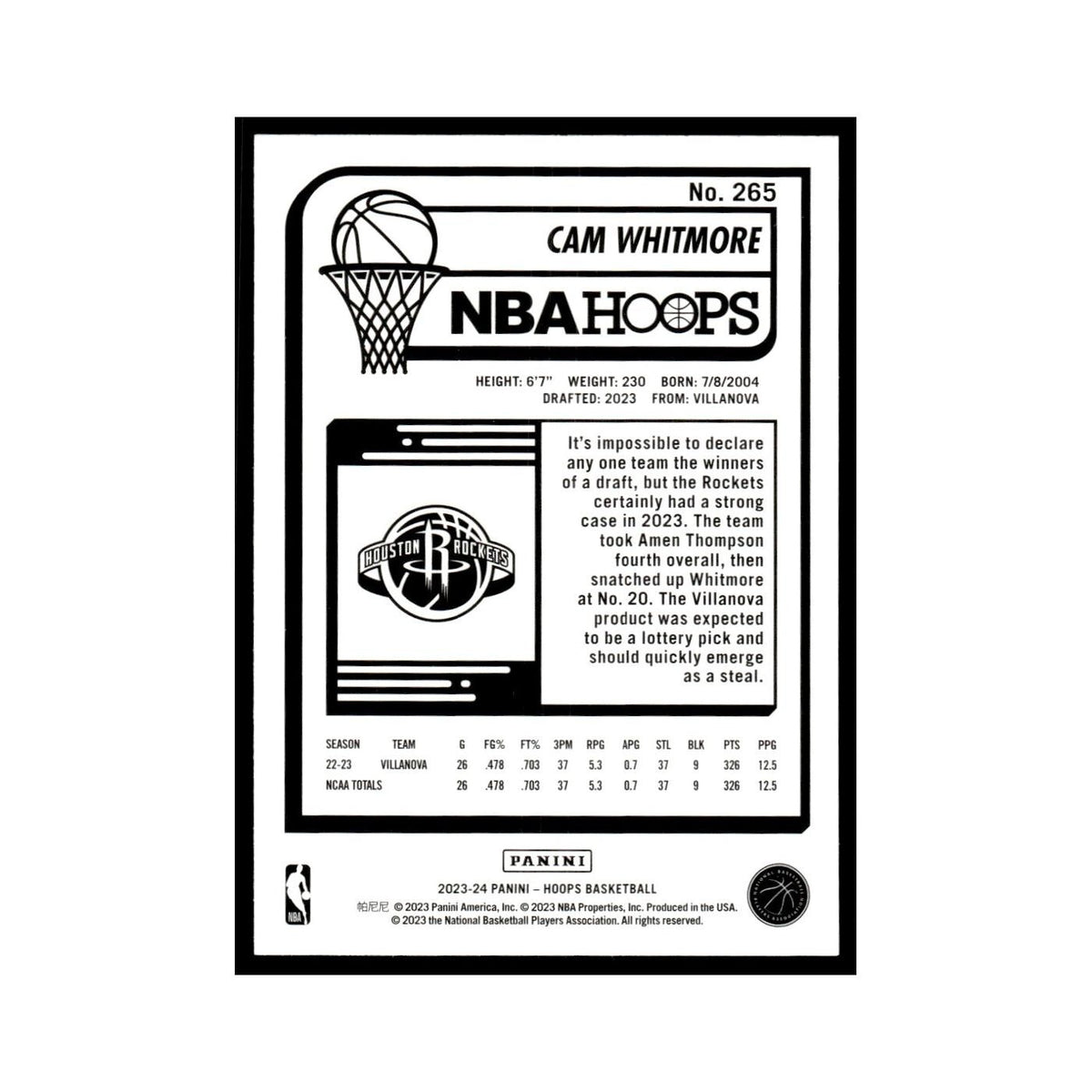 Cam Whitmore 2023 NBA Hoops #265 Houston Rockets Basketball Card NM
