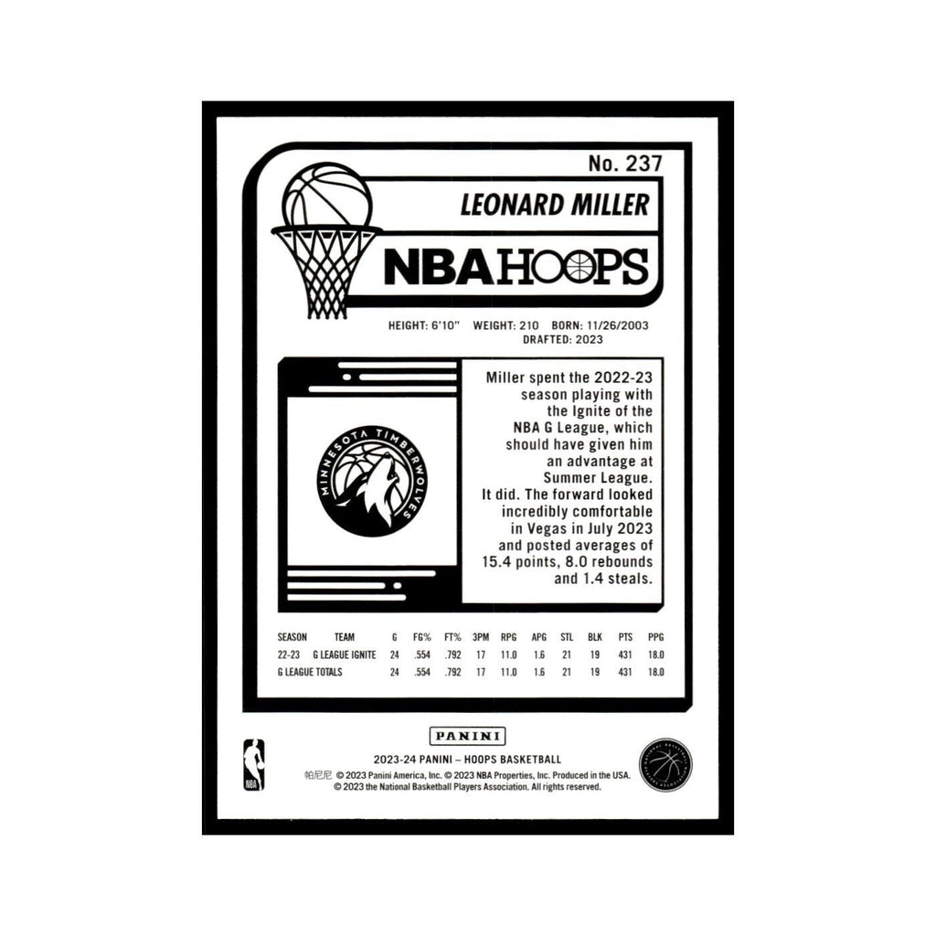 Leonard Miller Rookie 2023 NBA Hoops #237 Minnesota Timberwolves NM