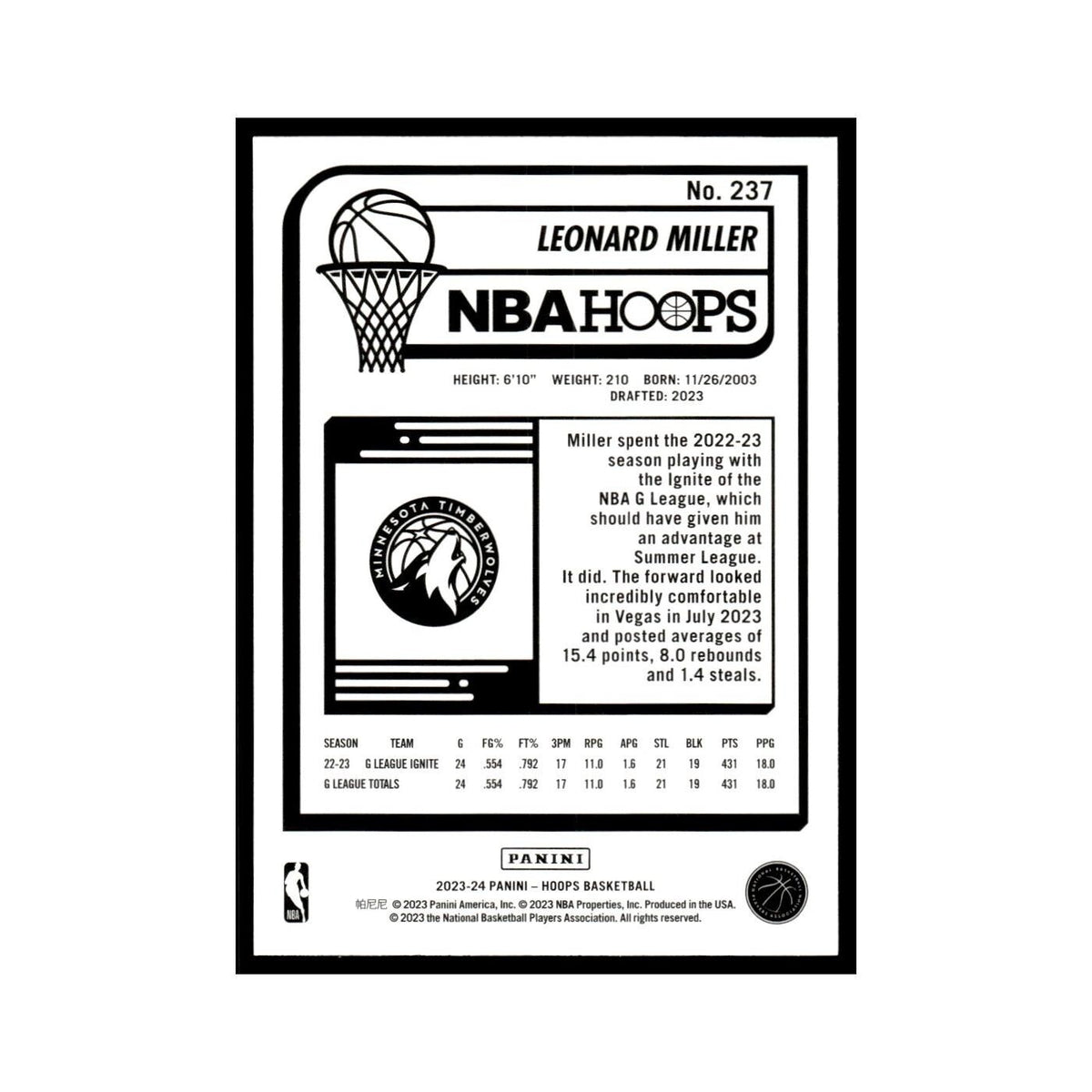 Leonard Miller Rookie 2023 NBA Hoops #237 Minnesota Timberwolves NM