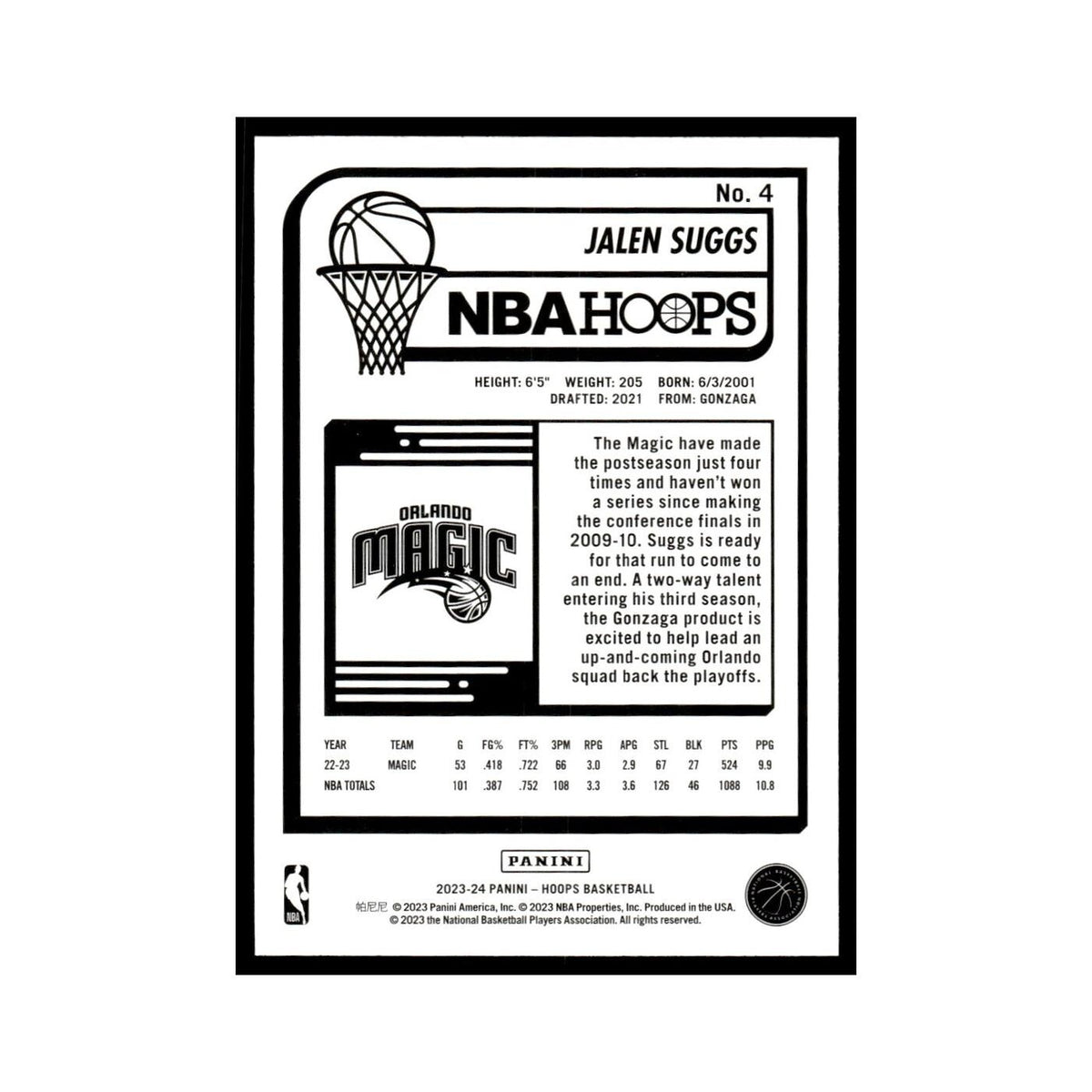 Jalen Suggs 2023 NBA Hoops #4 Orlando Magic Basketball Card NM