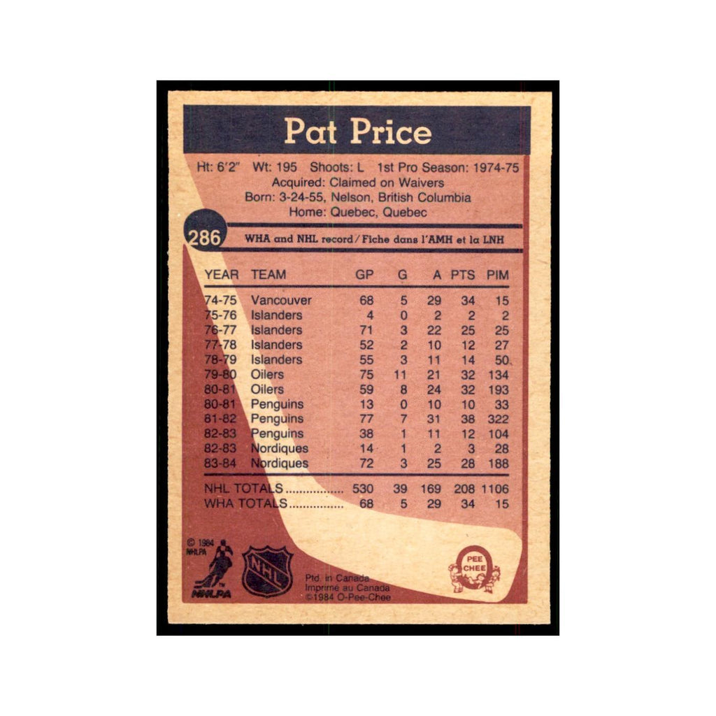 1984 O-Pee-Chee Pat Price Quebec Nordiques #286