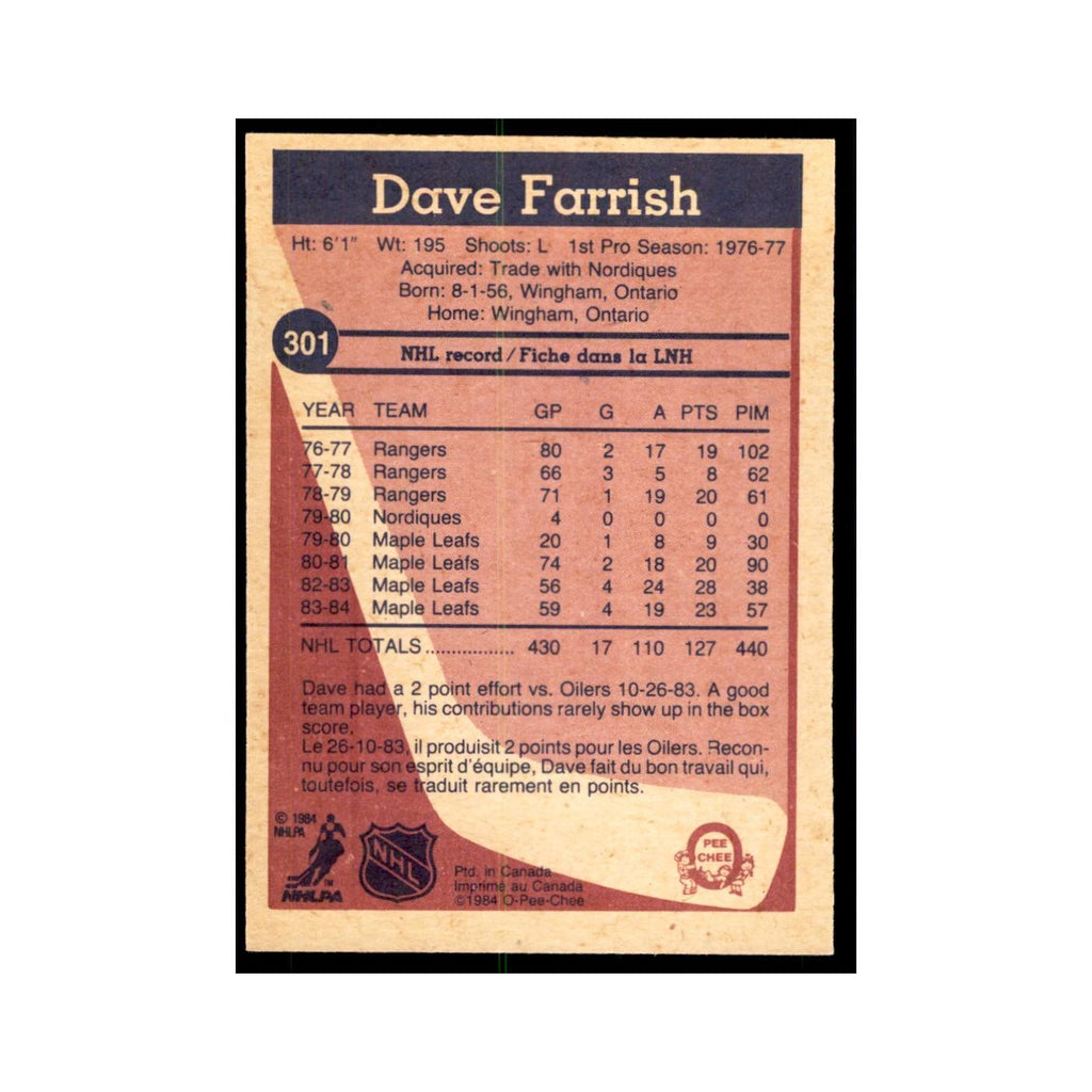 1984 O-Pee-Chee Dave Farrish Toronto Maple Leafs #301