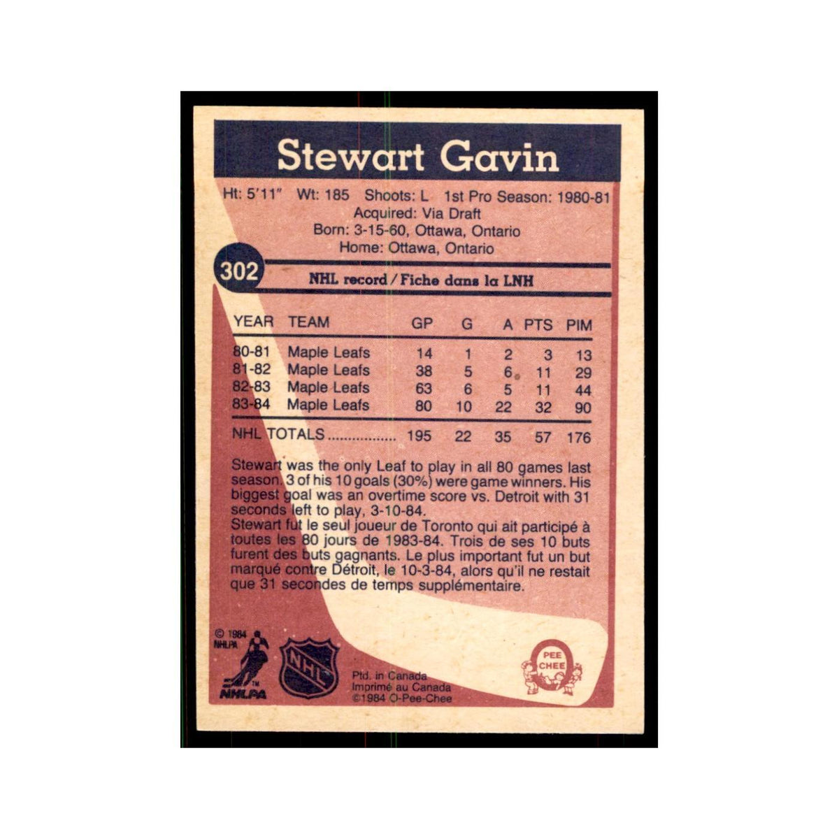 1984 O-Pee-Chee Stewart Gavin Toronto Maple Leafs #302