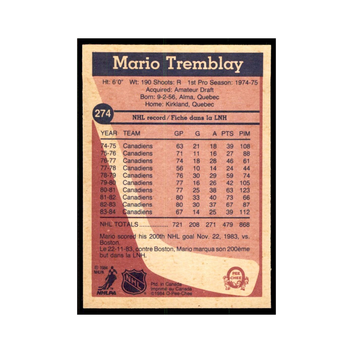 1984 O-Pee-Chee Mario Tremblay Montreal Canadiens #274