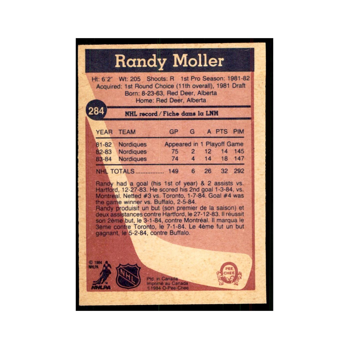 1984 O-Pee-Chee Randy Moller Quebec Nordiques #284