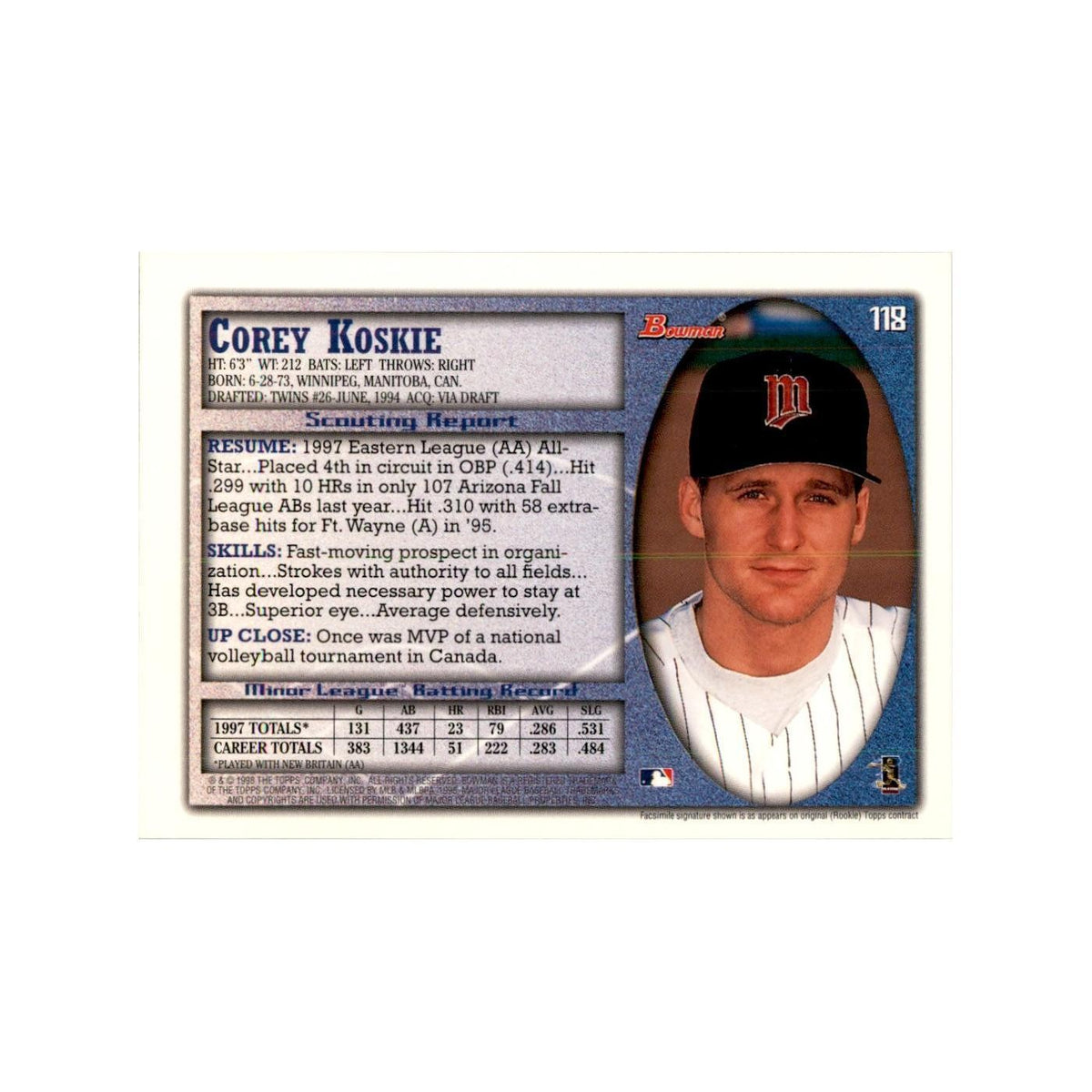 1998 Bowman Corey Koskie Baseball Cards #118