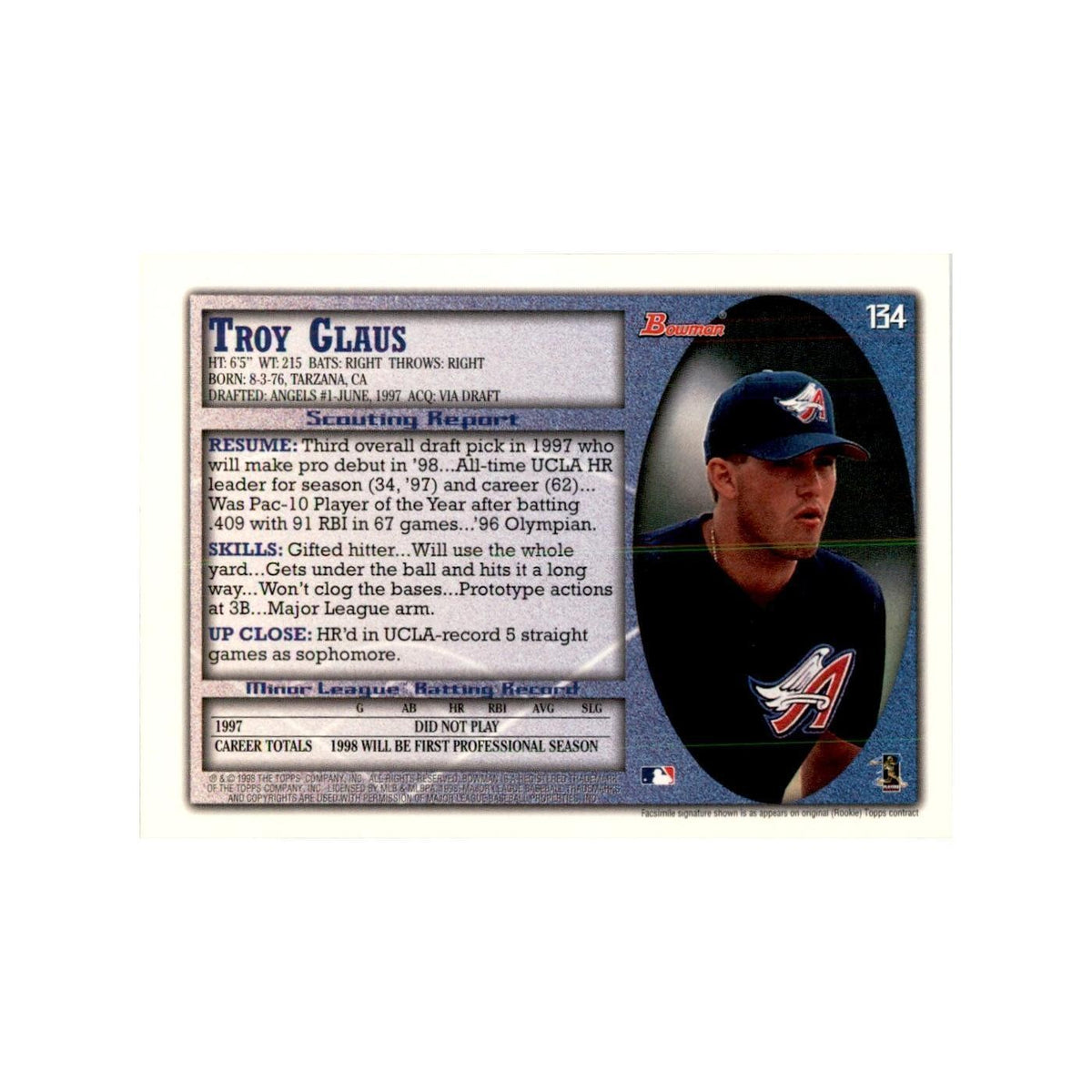 1998 Bowman Troy Glaus Baseball Cards #134
