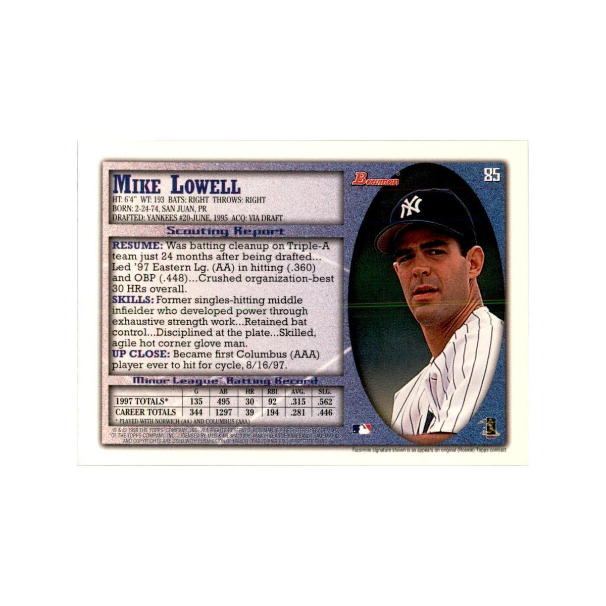 1998 Bowman Mike Lowell Baseball Cards #85