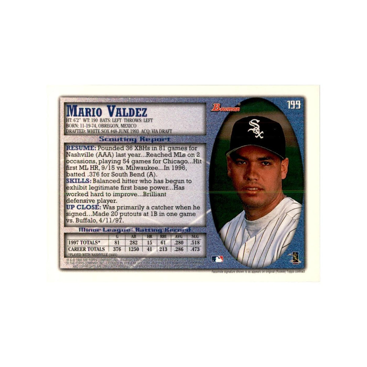 1998 Bowman Mario Valdez Baseball Cards #199