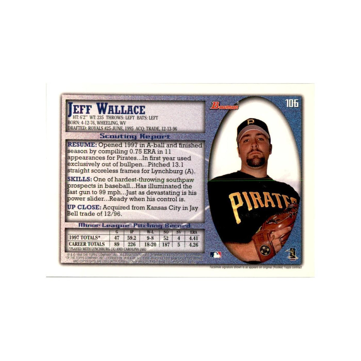 1998 Bowman Jeff Wallace Baseball Cards #106