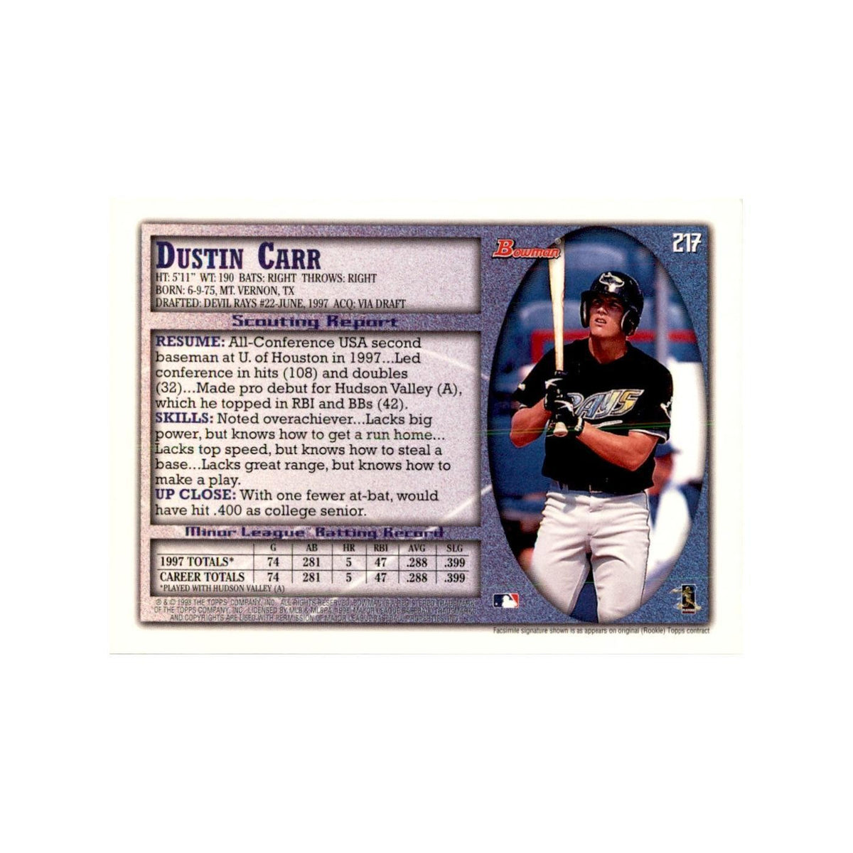 1998 Bowman Dustin Carr Baseball Cards #217