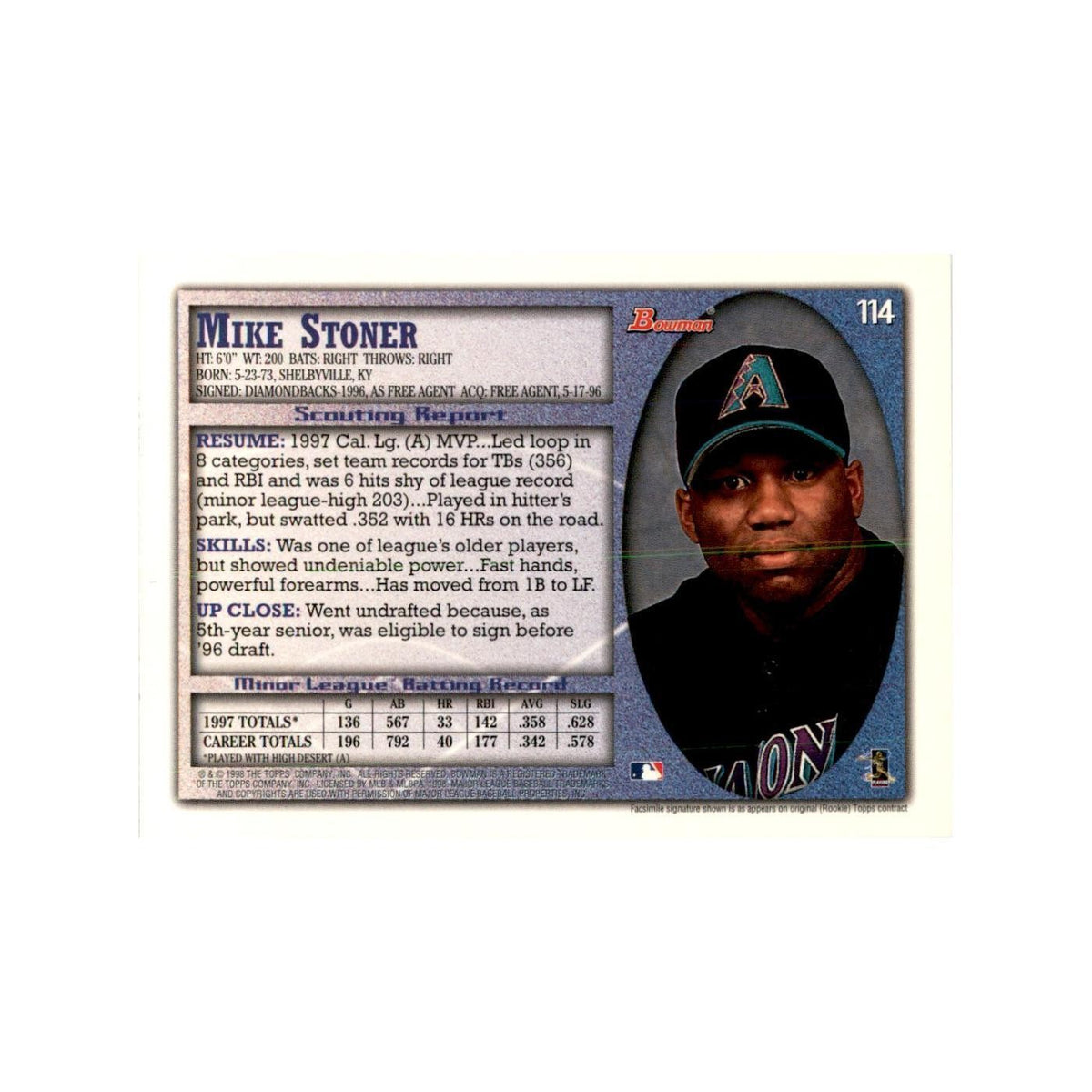 1998 Bowman Mike Stoner Baseball Cards #114