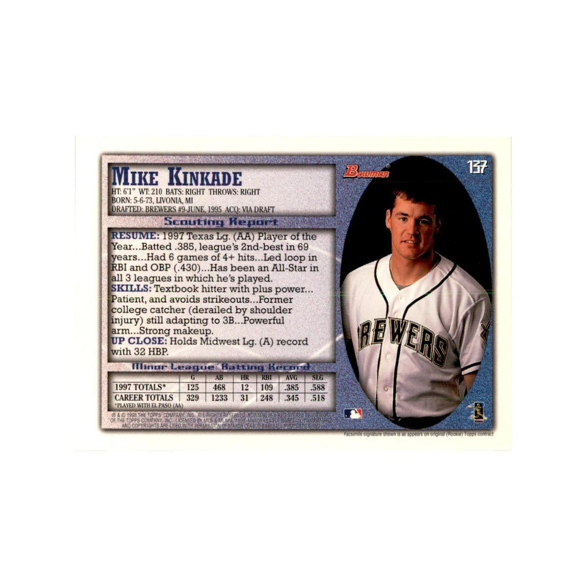 1998 Bowman Mike Kinkade Baseball Cards #137