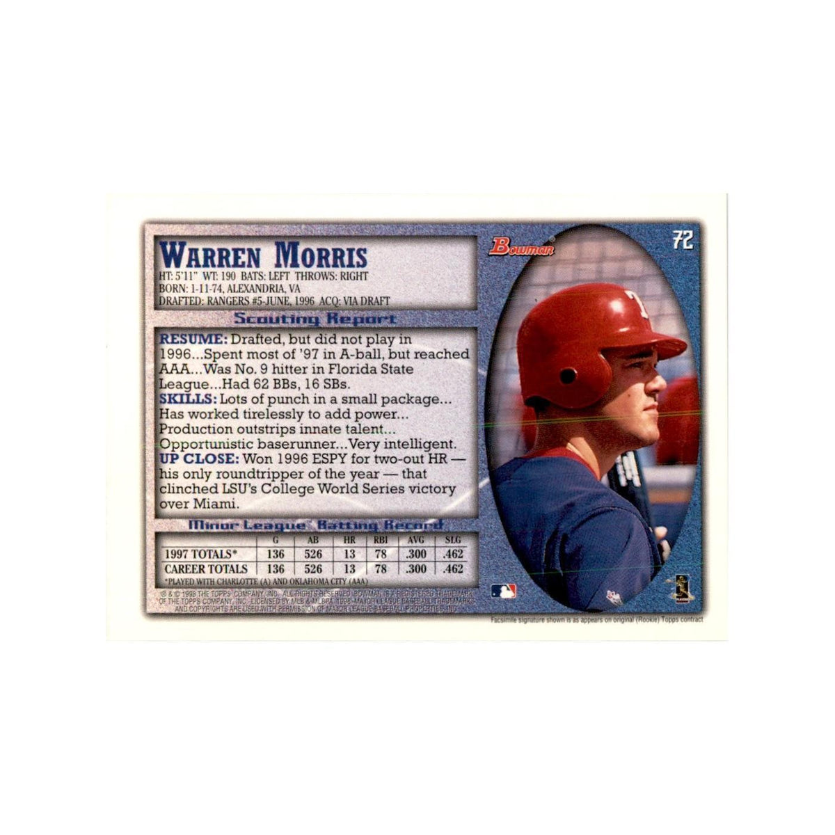 1998 Bowman Warren Morris Baseball Cards #72