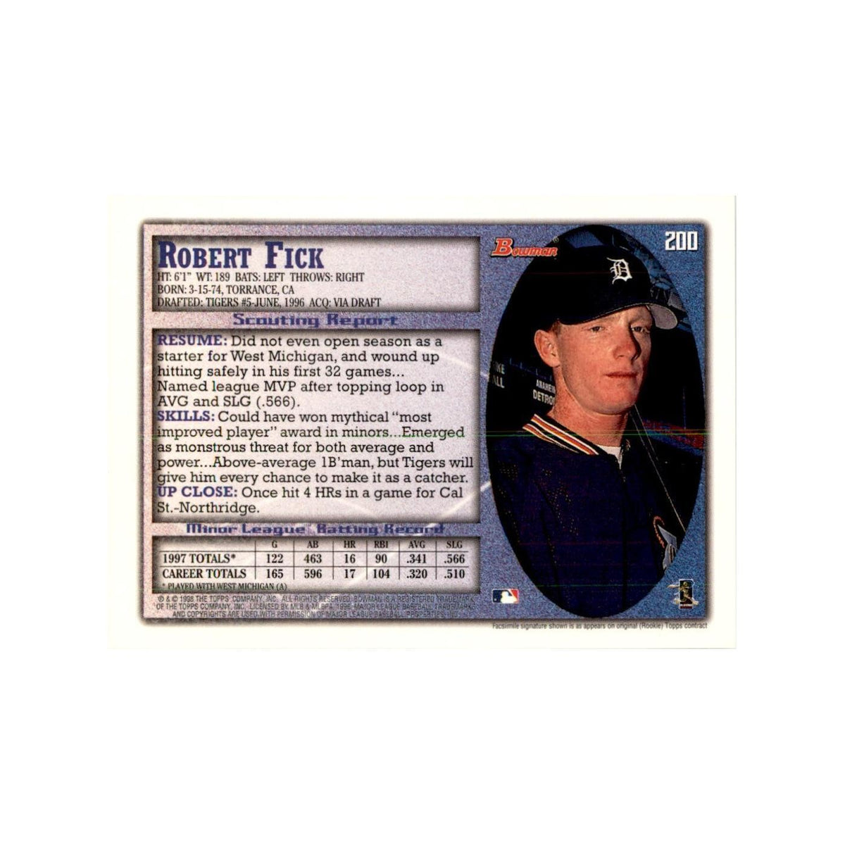 1998 Bowman Robert Fick Baseball Cards #200