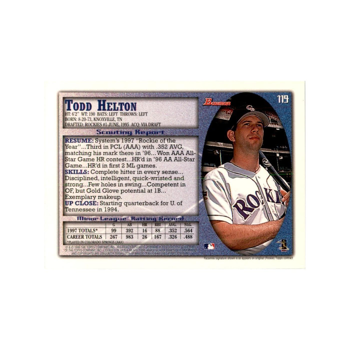 1998 Bowman Todd Helton Baseball Cards #119