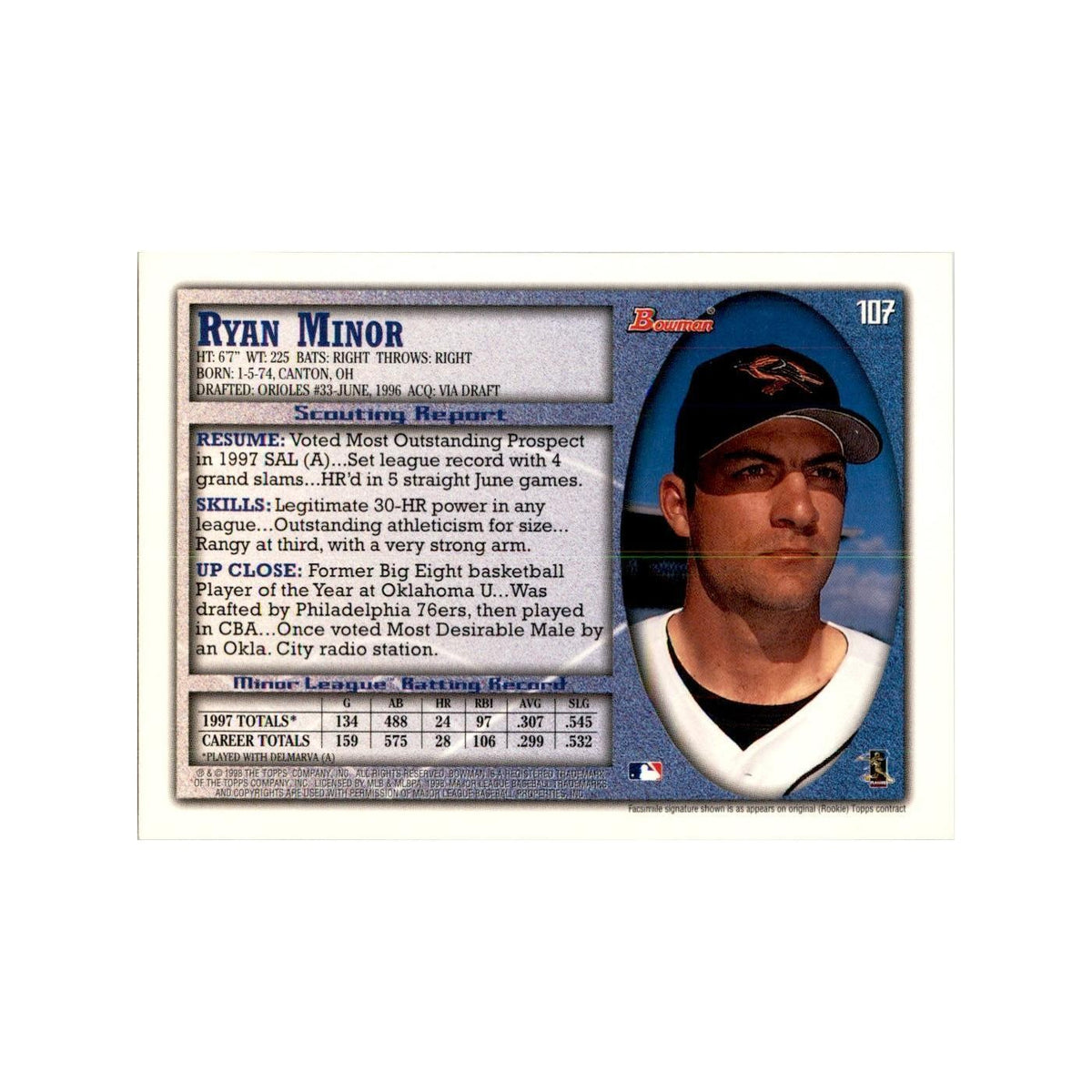 1998 Bowman Ryan Minor Baseball Cards #107