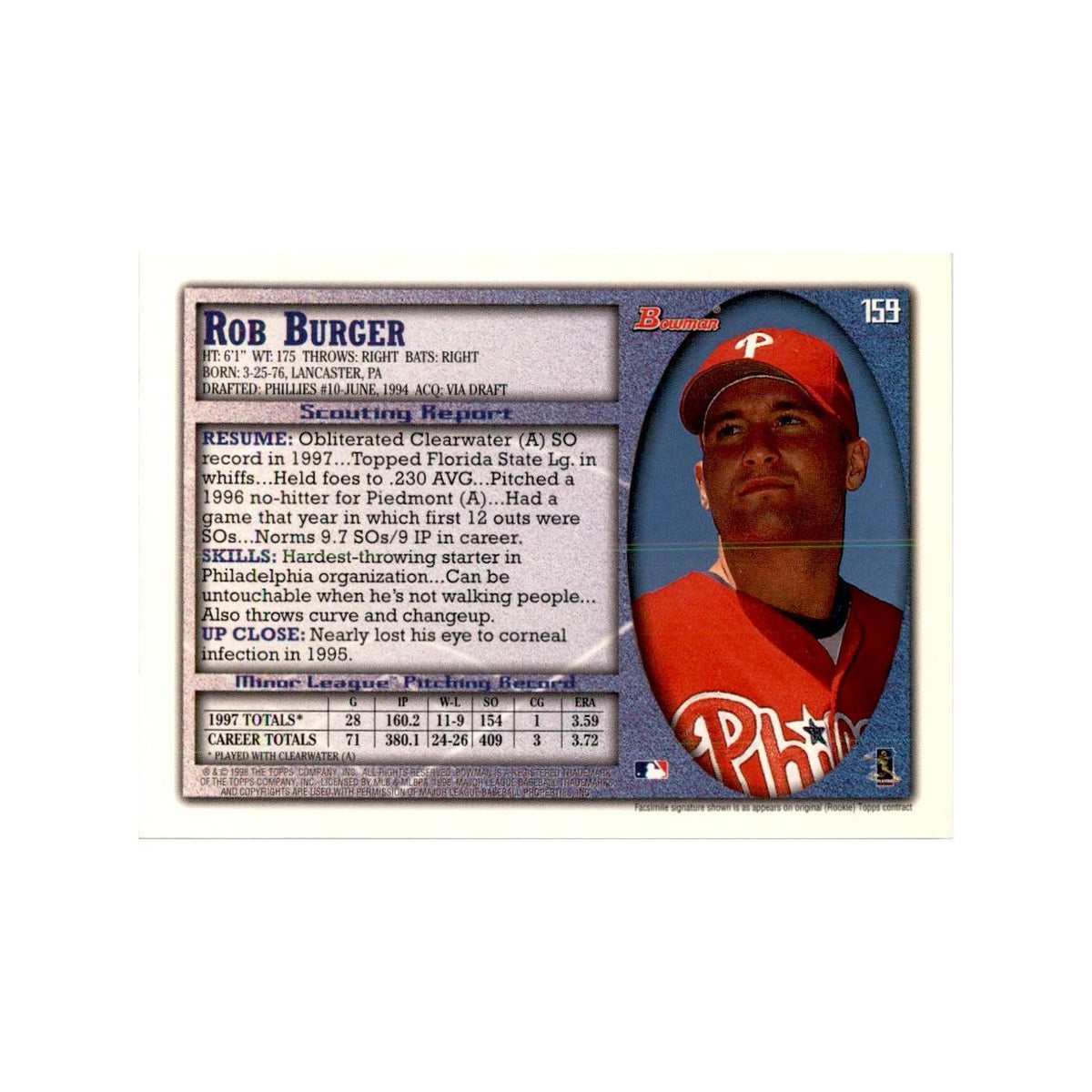 1998 Bowman Rob Burger Baseball Cards #159
