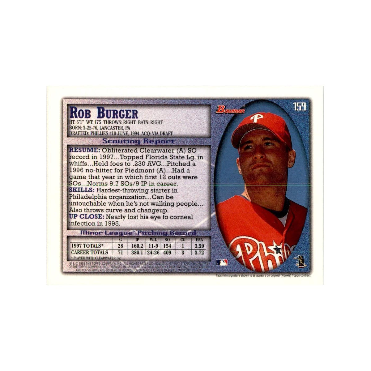 1998 Bowman Rob Burger Baseball Cards #159